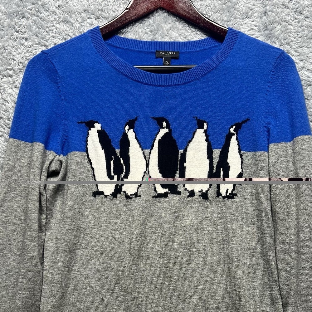 Talbots Sweater Womens‎ Petite Medium PM Blue Gray Penquins Lambswool Blend - Picture 2 of 9